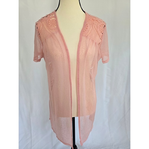 Forgotten Grace Pink Lace Crochet Open Front Cardigan Top Small S - Picture 1 of 3
